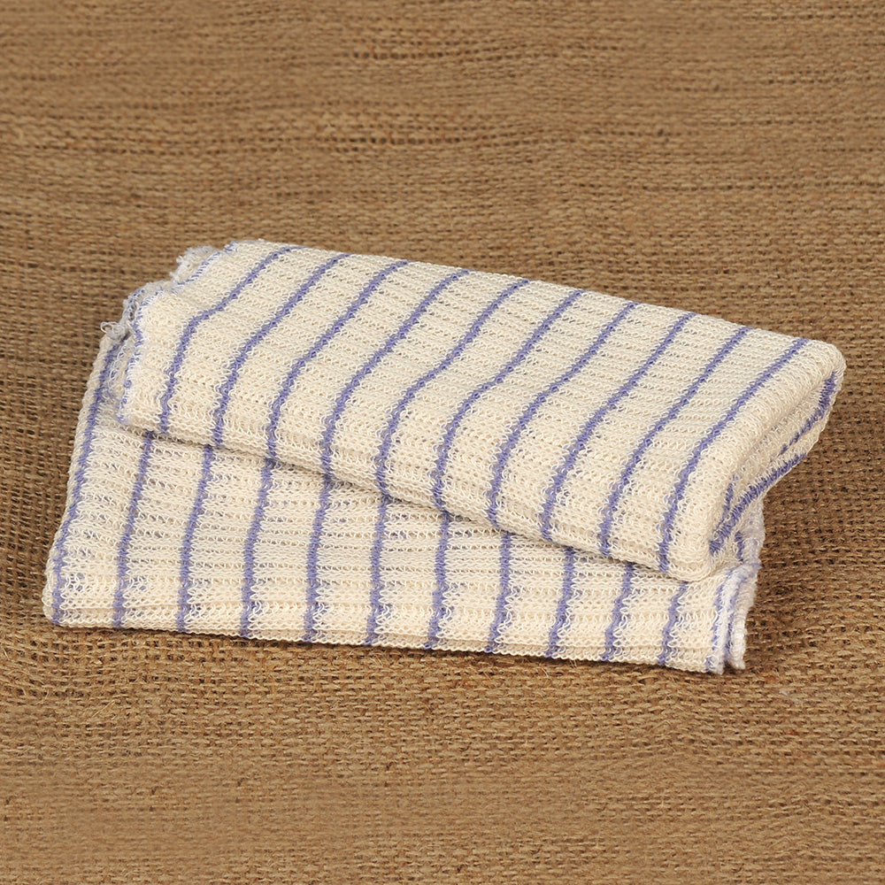 Pair of thick, double-layer dishcloths with blue stripes on a white poly/cotton blend, handcrafted in the USA, ideal for Kitchen & Food, Kitchen Textiles, and Best Sellers collections.