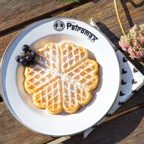 White enamel plate with black rim and logo holding a heart-shaped powdered waffle and fresh dark grapes, ideal for Farm, Garden & Tool, Camping, Kitchen & Food, Dinnerware, and Best Sellers collections.