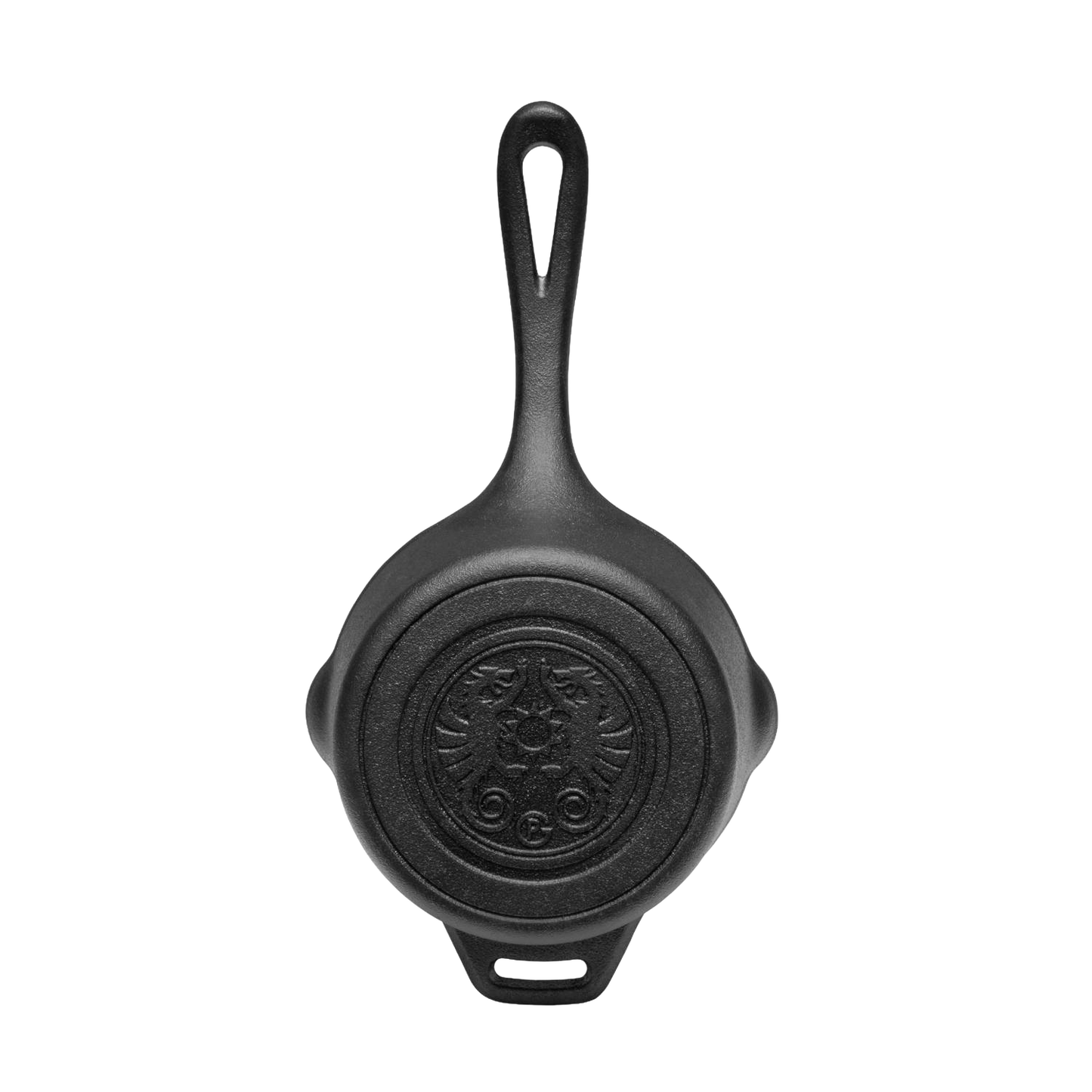 Heavy-duty cast iron saucepan with lid and embossed self-basting design on bottom, featuring an extended handle, perfect for camping, farm, garden, and outdoor cookware collections.