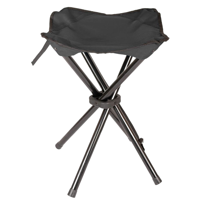 Compact three-legged folding camping stool with durable dark fabric seat and sturdy metal legs, ideal for outdoor activities, featured in Farm, Garden & Tool, Camping, Best Sellers, Promo Eligible, and Sale collections.