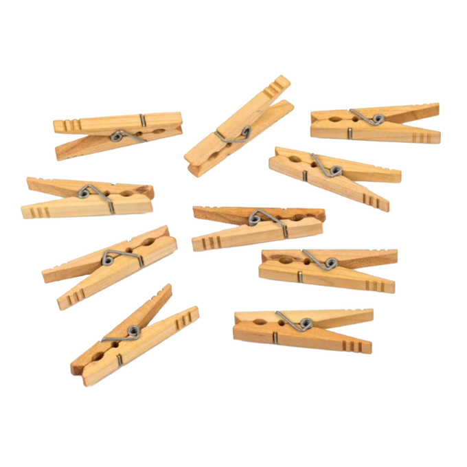 Set of handcrafted maple spring clothespins with stainless steel springs made in the USA, perfect for Home & Decor, Laundry Supplies, and Clothesline Accessories collections.