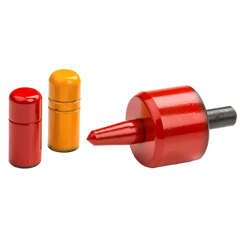 Set of three enamel-finished peening tools, hand-painted in vibrant red and yellow, designed for precise edge work on scythe blades, featured in Farm, Garden & Tool and Lawncare collections.