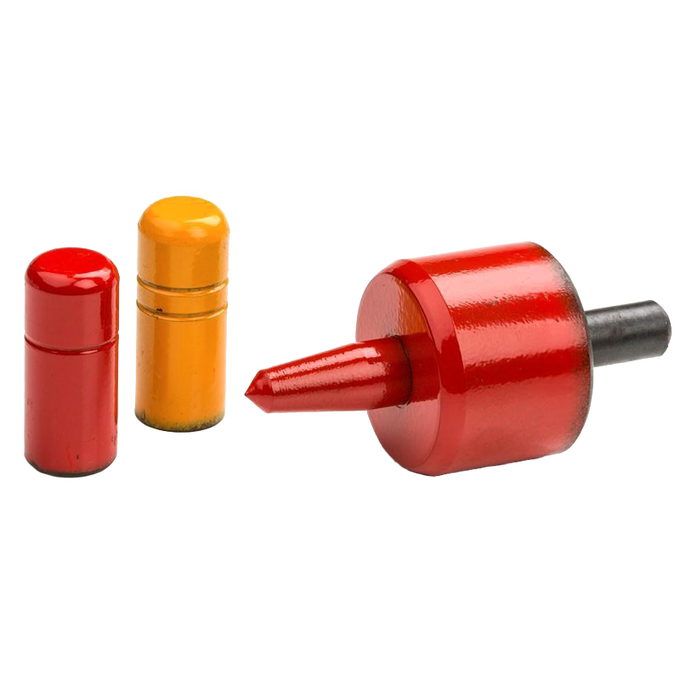 Set of three enamel-finished peening tools, hand-painted in vibrant red and yellow, designed for precise edge work on scythe blades, featured in Farm, Garden & Tool and Lawncare collections.