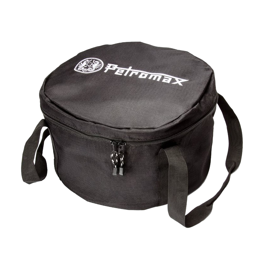 Black round ripstop fabric bag with dual zipper and shoulder strap, designed for secure storage of Dutch ovens, ideal for Farm, Garden & Tool, Camping, Best Sellers, and Promo Eligible collections.
