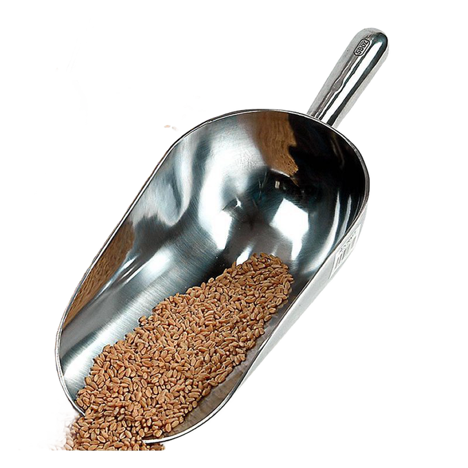 Heavy-duty cast aluminum grain scoop with smooth mirror finish and comfortable contoured handle, partially filled with grain, suitable for Farm, Garden & Tool, Farm Tools, Best Sellers, and Promo Eligible collections.