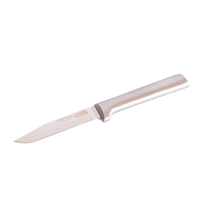 Handcrafted serrated paring knife with a finely toothed stainless steel blade and solid metal handle, made in USA, ideal for Kitchen & Food, Farm, Garden & Tool, and Knives & Axes collections.