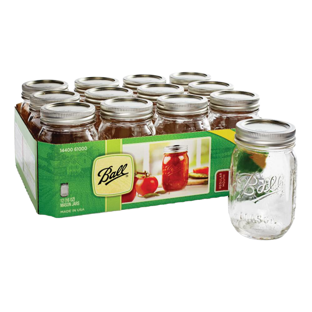 Set of twelve clear glass canning jars with silver metal lids, including bands, presented in branded packaging, perfect for Kitchen & Food, Food Preservation, Canning, USA Made, Best Sellers, and Promo Eligible collections.