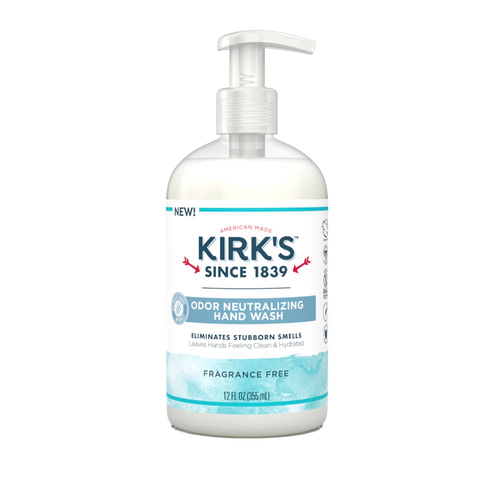 Clear plastic pump bottle of fragrance-free Kirk's odor neutralizing hand wash with moisturizing aloe vera and coconut oil, made in USA, featured in Health & Wellness, Grooming, Soaps, and Best Sellers collections.