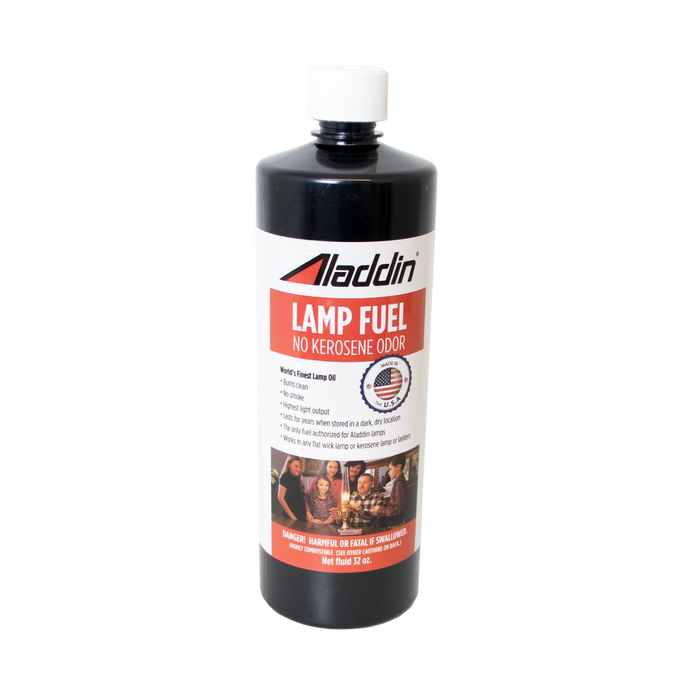 Black 32 oz bottle of genuine Aladdin lamp fuel with red and white label highlighting no kerosene odor, designed for clean burning and long wick life, suitable for Lamps & Lighting and Lamp and Lantern Fuel collections.