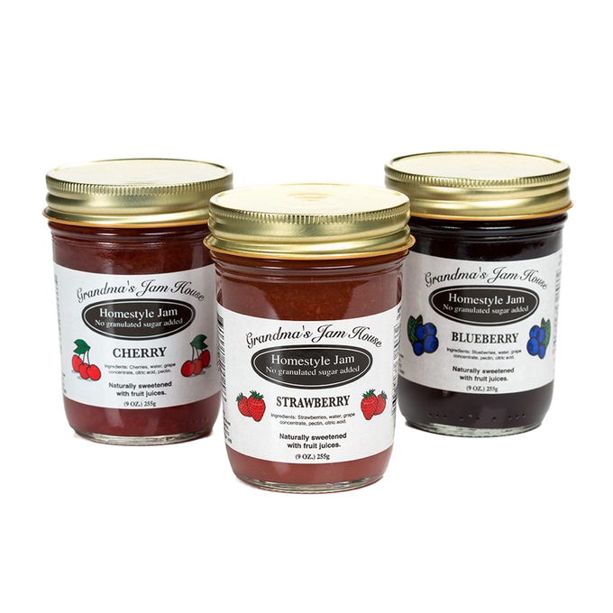 Three handcrafted glass jars of no sugar added homestyle jam in cherry, strawberry, and blueberry flavors, naturally sweetened with fruit juices, made in USA, perfect for Kitchen & Food and Promo Eligible collections.