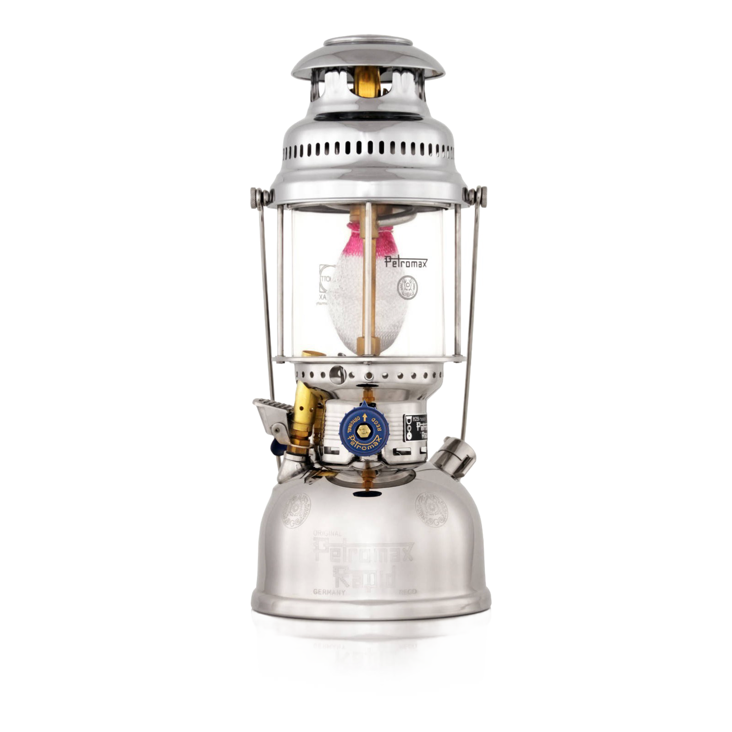 Classic vintage-style pressure lamp featuring a polished metal frame with a clear globe, designed for durability and heat resistance in Lamps & Lighting and Parts and Accessories collections.