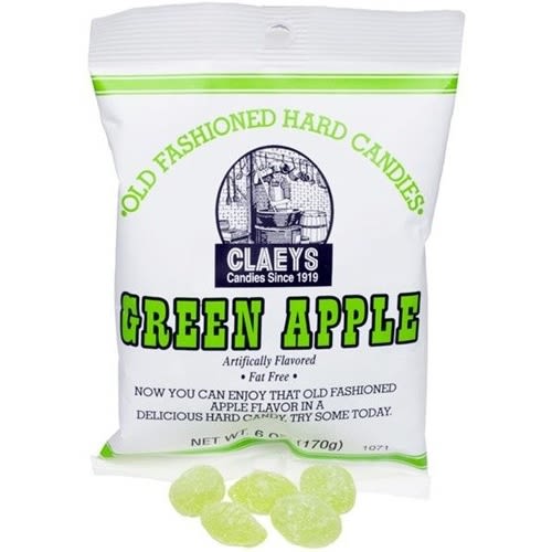White bag of handcrafted green apple flavored old-fashioned hard candies, fat free and made in USA, part of Kitchen & Food, Snacks and Sweets, USA Made, Best Sellers, and Promo Eligible collections.