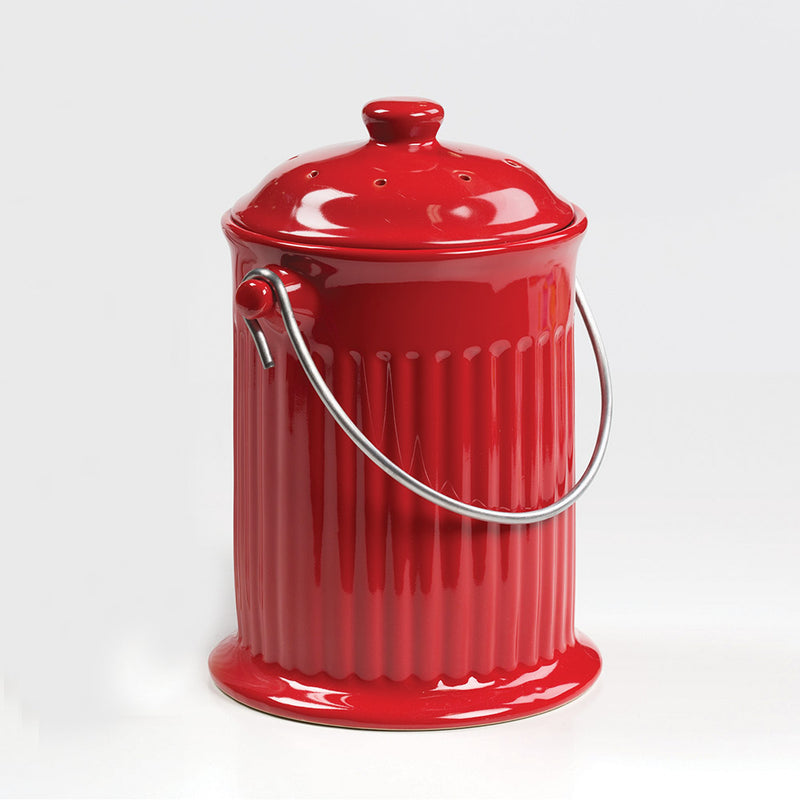 Handcrafted ceramic compost keeper in bright red with a gleaming finish and stainless steel handle, featuring an odor-preventing filter, ideal for Farm, Garden & Tool, Composting, Garden Accessories, Best Sellers, and Promo Eligible collections.