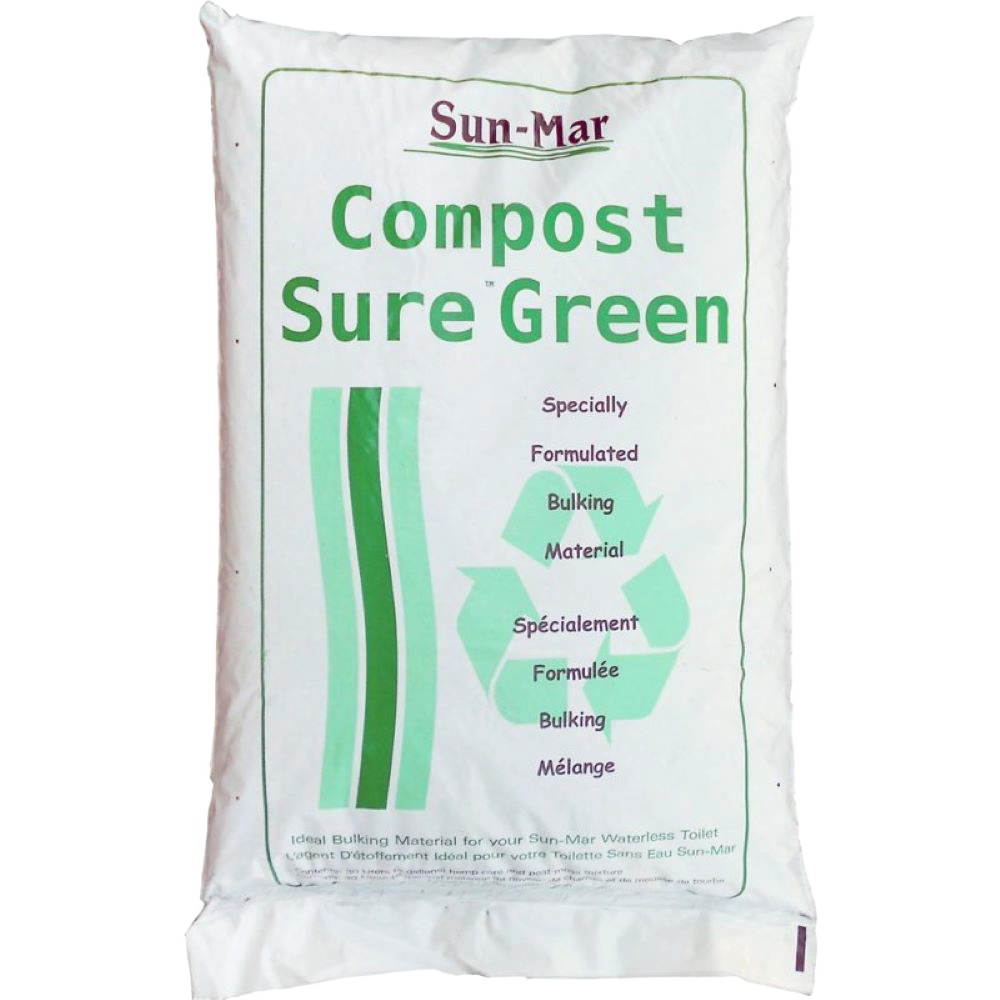 White bag of compost bulking material with green text and recycling symbol, designed for use with composting toilets and featured in appliances and best sellers collections.