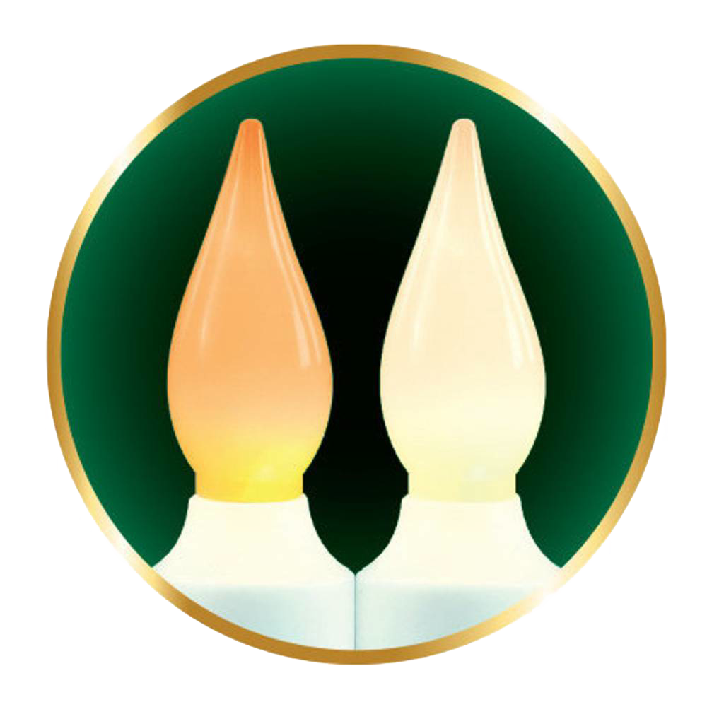 Close-up of two flame-shaped LED bulbs side by side, one glowing amber and the other warm white, representing a cordless candle with switchable light colors for Home & Decor and Holiday Decor collections.