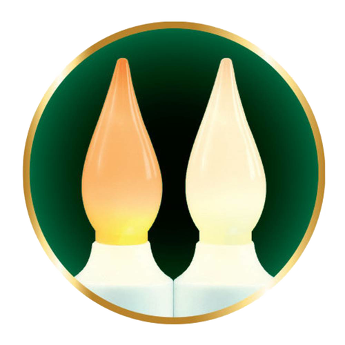 Close-up of two flame-shaped LED bulbs side by side, one glowing amber and the other warm white, representing a cordless candle with switchable light colors for Home & Decor and Holiday Decor collections.