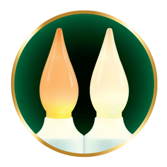 Close-up of two flame-shaped LED bulbs side by side, one glowing amber and the other warm white, representing a cordless candle with switchable light colors for Home & Decor and Holiday Decor collections.