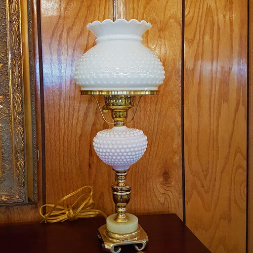Handcrafted white hobnail glass oil lamp shade with scalloped top, featured on a vintage-style lamp, ideal for Lamps & Lighting, Parts and Accessories, Lamp Shades, Best Sellers, Promo Eligible collections.