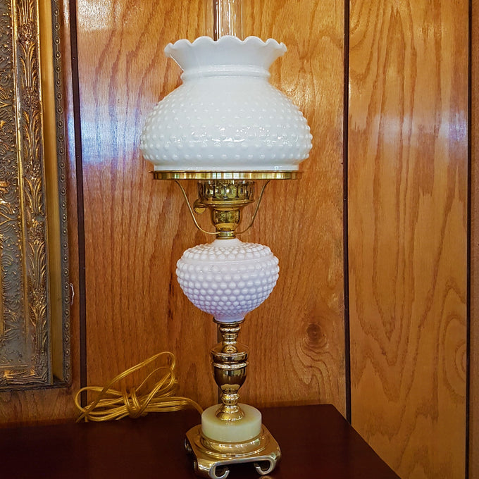 Handcrafted white hobnail glass oil lamp shade with scalloped top, featured on a vintage-style lamp, ideal for Lamps & Lighting, Parts and Accessories, Lamp Shades, Best Sellers, Promo Eligible collections.