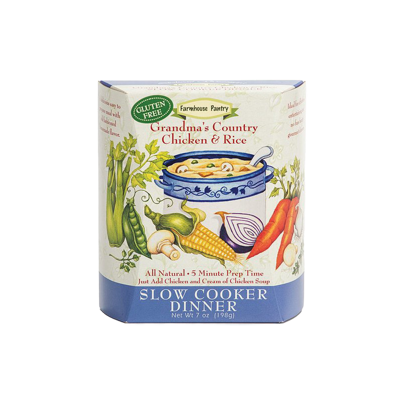 Gluten-free all-natural slow cooker dinner mix featuring Grandma’s Country Chicken & Rice with vegetables illustration, low sodium and made in USA, ideal for Kitchen & Food and Dry Goods collections.