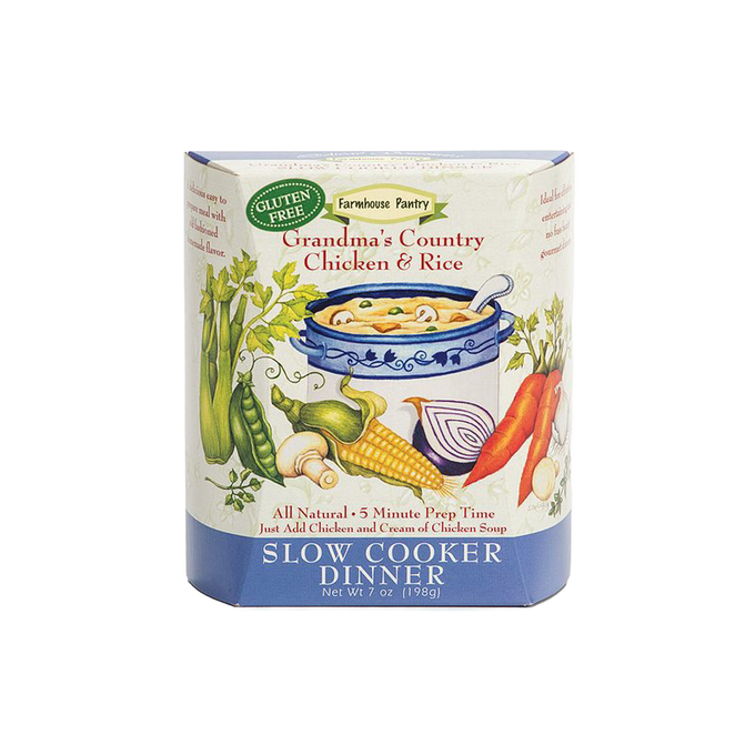 Gluten-free all-natural slow cooker dinner mix featuring Grandma’s Country Chicken & Rice with vegetables illustration, low sodium and made in USA, ideal for Kitchen & Food and Dry Goods collections.