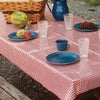 Rectangular vintage vinyl tablecloth with a classic red and white gingham pattern, featuring red merrowed edges, set outdoors with picnic essentials, ideal for Home & Decor and Kitchen Textiles collections.