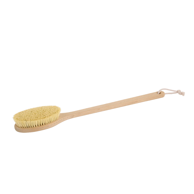 Handcrafted oval bath brush with Tampico plant fiber bristles and smooth oiled beechwood handle with hanging rope, designed for invigorating exfoliation in Health & Wellness, Grooming and Personal Hygiene, Best Sellers, and Promo Eligible collections.