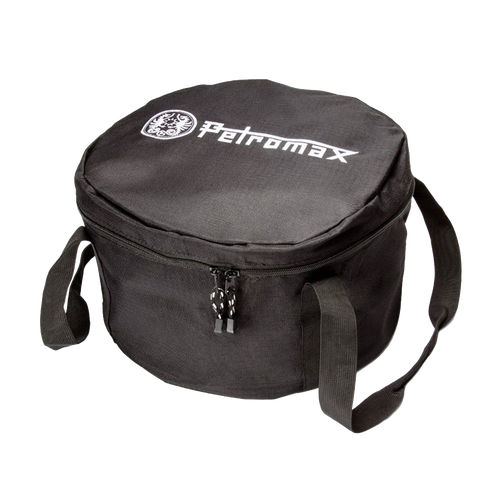 Black round ripstop fabric carrying case with dual zipper and adjustable shoulder strap, designed for secure storage and transport of Dutch ovens in Farm, Garden & Tool, Camping, Best Sellers, and Promo Eligible collections.