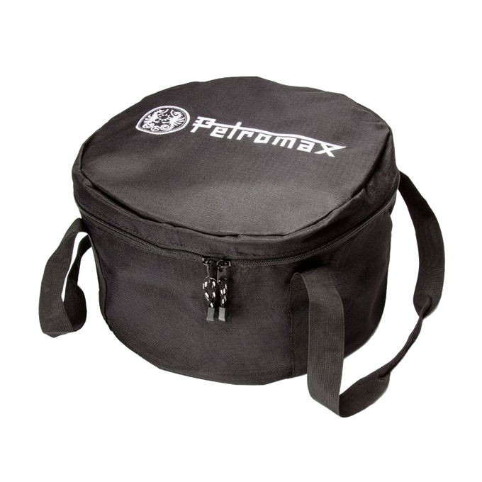 Black round ripstop fabric carrying case with dual zipper and adjustable shoulder strap, designed for secure storage and transport of Dutch ovens in Farm, Garden & Tool, Camping, Best Sellers, and Promo Eligible collections.