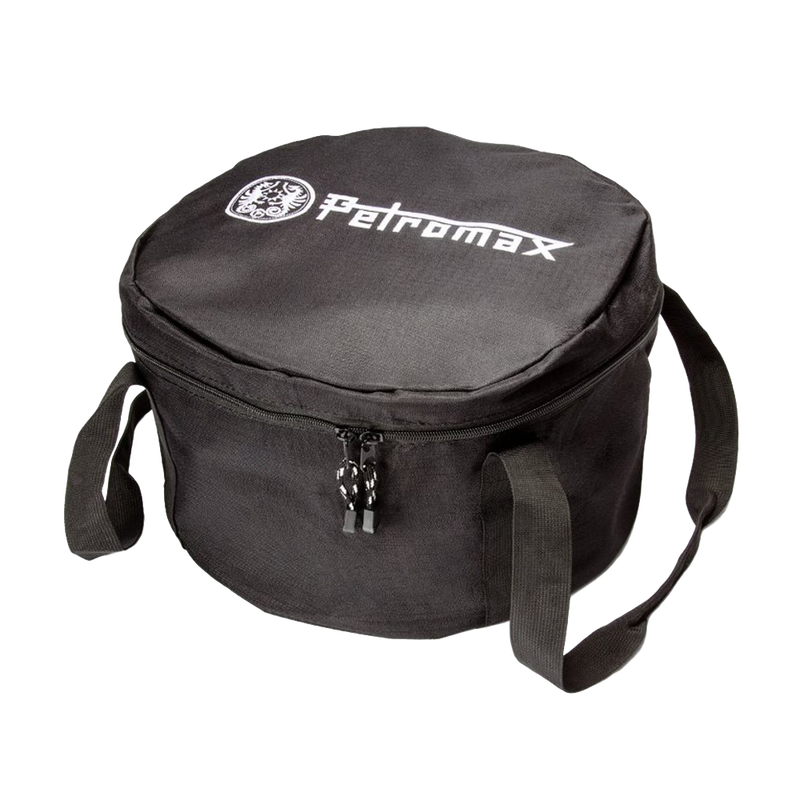 Black round ripstop fabric carrying case with dual zipper and adjustable shoulder strap, designed for secure storage and transport of Dutch ovens in Farm, Garden & Tool, Camping, Best Sellers, and Promo Eligible collections.