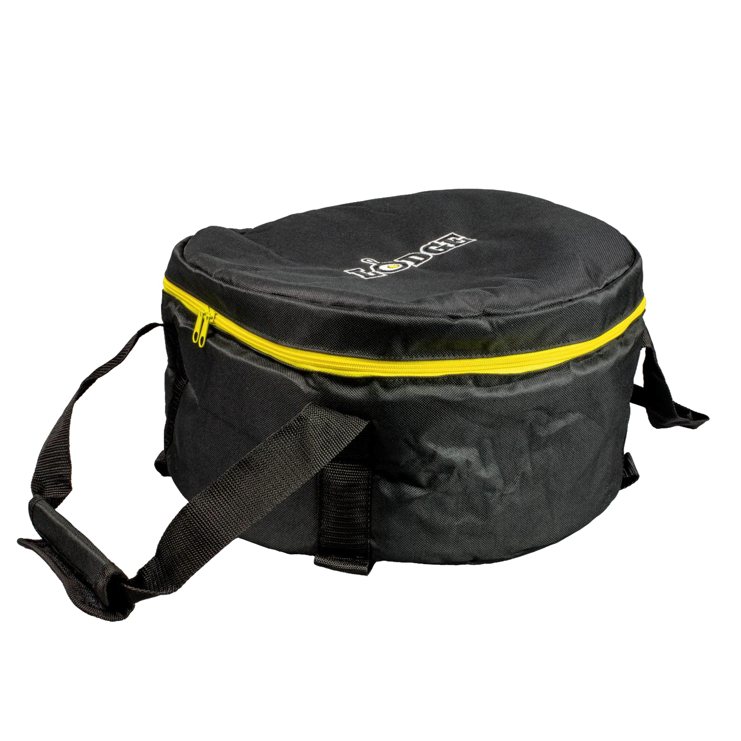 Black round tote bag with bright yellow zipper and sturdy straps, crafted from weather-resistant polyester with thick padding, ideal for securely carrying cookware outdoors in camping and kitchen settings.