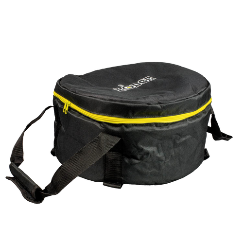 Black round tote bag with bright yellow zipper and sturdy straps, crafted from weather-resistant polyester with thick padding, ideal for securely carrying cookware outdoors in camping and kitchen settings.