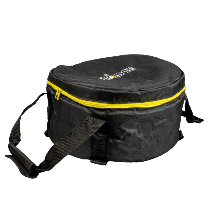 Black round tote bag with bright yellow zipper and sturdy straps, crafted from weather-resistant polyester with thick padding, ideal for securely carrying cookware outdoors in camping and kitchen settings.