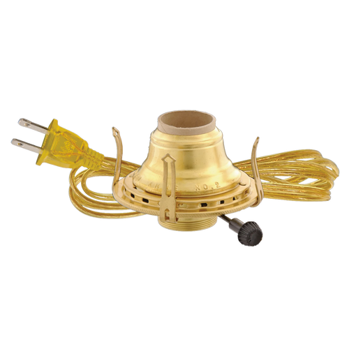 Solid brass electrified burner with threaded base for 3-inch chimneys, featuring UL listed arrow-shaped prongs and 6-foot clear gold cord, part of Lamps & Lighting, Electric Conversion, and Best Sellers collections.