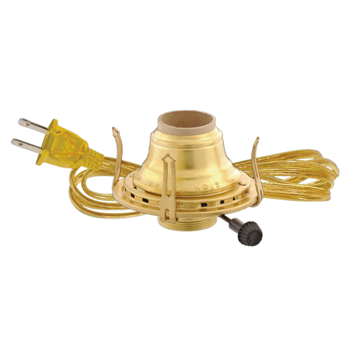 Solid brass electrified burner with threaded base for 3-inch chimneys, featuring UL listed arrow-shaped prongs and 6-foot clear gold cord, part of Lamps & Lighting, Electric Conversion, and Best Sellers collections.
