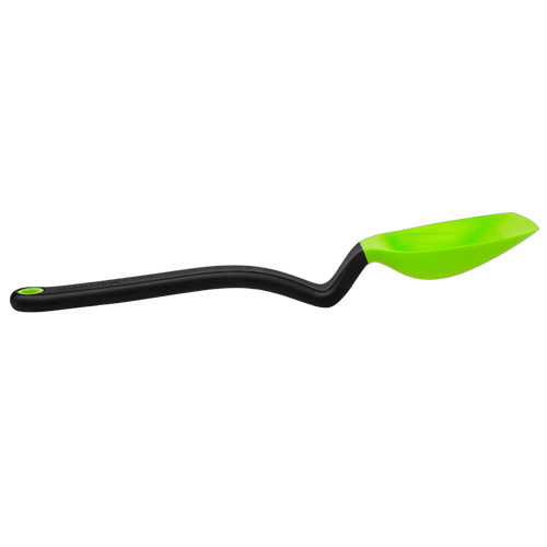 Flexible silicone scraping spoon with a curved black handle and bright green deep scoop, designed for measuring, stirring, scooping, and serving in Kitchen & Food and Food Prep collections.