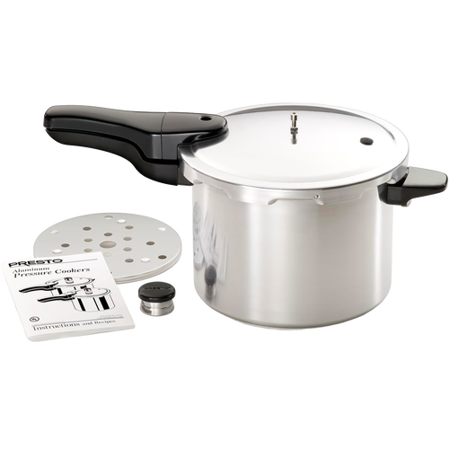 Handcrafted aluminum pressure cooker with a sleek design, black ergonomic handle, included steam rack, pressure regulator, and instruction manual, featured in Kitchen & Food, Cookware, Pots and Pans, Best Sellers, Promo Eligible collections.