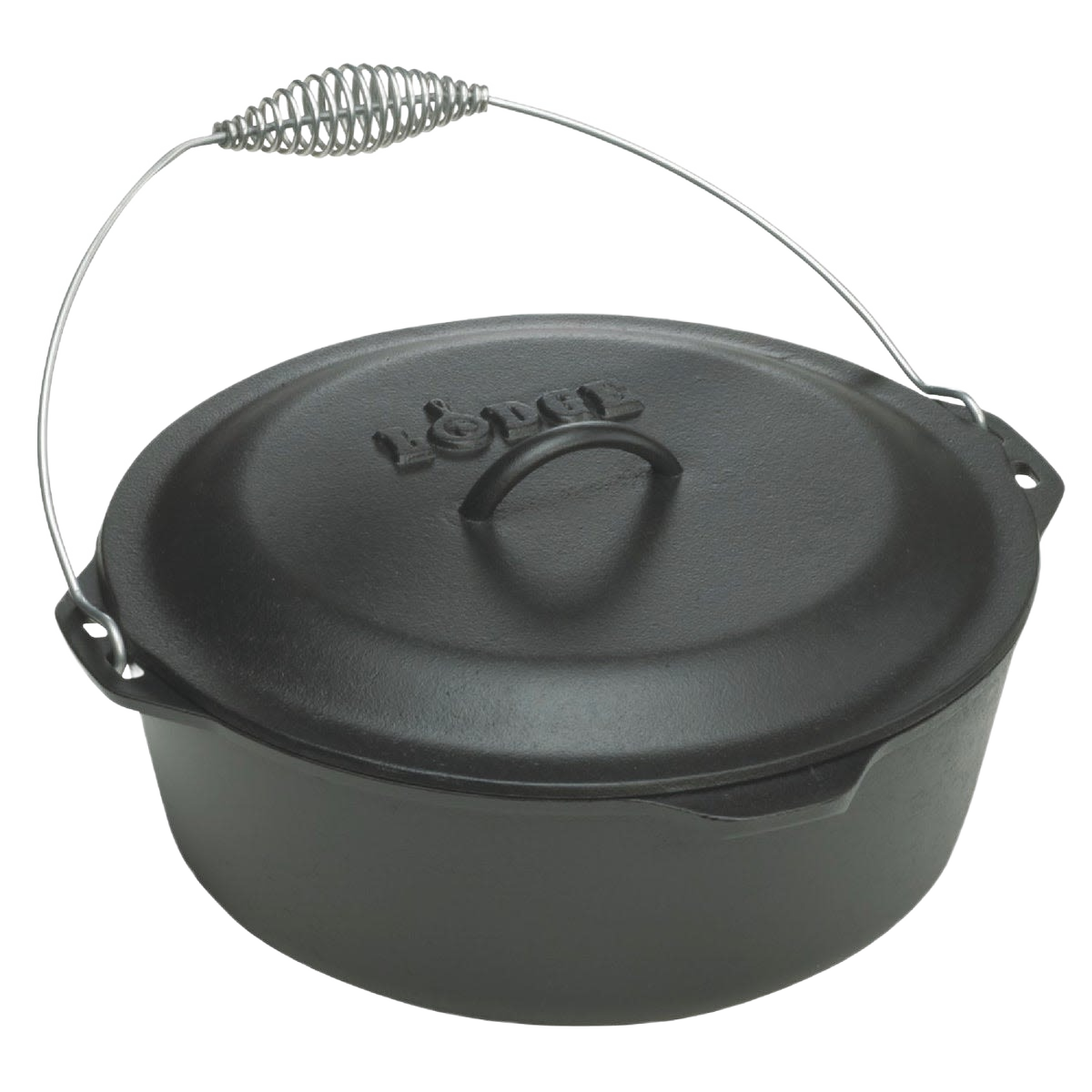 Pre-seasoned cast iron Dutch oven from Kitchen & Food, Cookware, Cast Iron, USA Made, Best Sellers, and Promo Eligible collections, featuring a spiral bail handle and self-basting lid with nubs for even cooking.