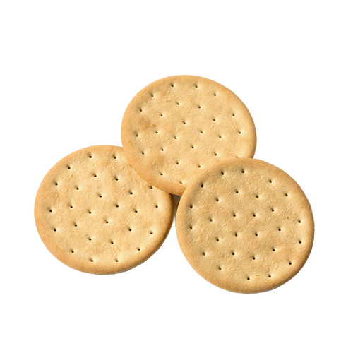 Three round emergency pilot bread crackers with uniform perforations, handcrafted and ideal for emergency supplies, pantry, kitchen, and best sellers collections.