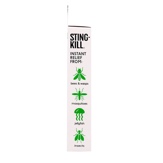 Box of disposable swabs labeled for instant relief from bee, wasp, mosquito, jellyfish, and insect stings, suitable for Health & Wellness, Pest Control, and USA Made collections.