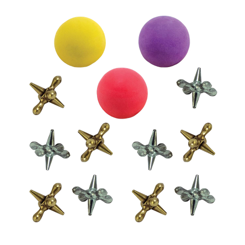 Set of handcrafted metal jacks in silver and brass tones paired with colorful rubber balls in yellow, purple, and red, made in USA, ideal for Toys, Books & Games and Children's Toys collections.