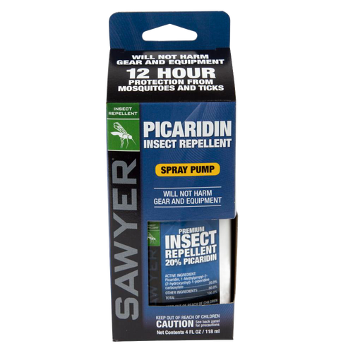 Blue and black packaging of a hand spray pump insect repellent with 20% Picaridin, offering 12-hour protection from mosquitoes and ticks, ideal for Farm, Garden & Tool, Camping, Balms, Creams and Lotions, Best Sellers, and Promo Eligible collections.