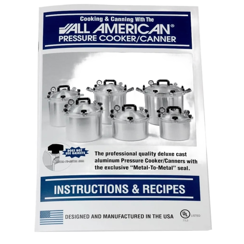 Instruction booklet for All American pressure cookers and canners featuring various sizes of cast aluminum pots with metal-to-metal sealing, ideal for Kitchen & Food, Food Preservation, and Canning collections.
