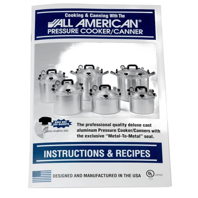 Instruction booklet for All American pressure cookers and canners featuring various sizes of cast aluminum pots with metal-to-metal sealing, ideal for Kitchen & Food, Food Preservation, and Canning collections.