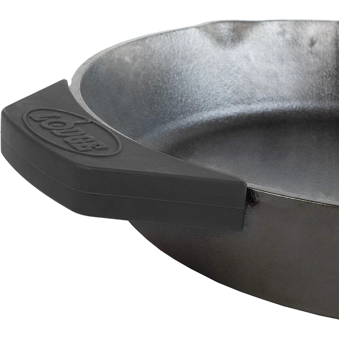 Black silicone assist handle holder that protects hands from heat up to 450°F, designed for cast iron cookware, ideal for Kitchen & Food, Cookware, Cast Iron, Best Sellers, and Promo Eligible collections.