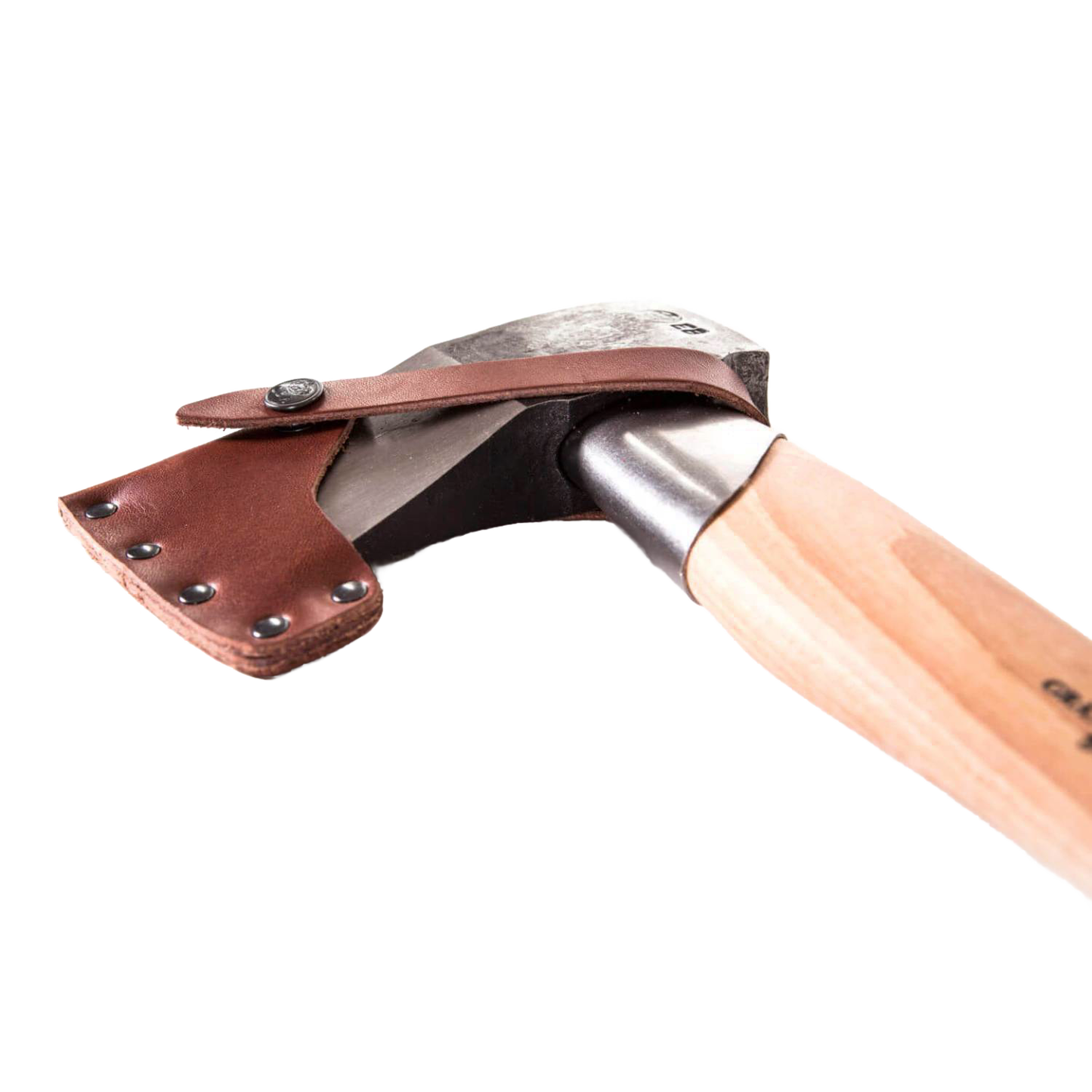 Handcrafted splitting axe with a sharp forged steel head and smooth wooden handle, featuring a sturdy brown leather sheath with metal rivets, ideal for farm, garden, and wood cutting tasks.