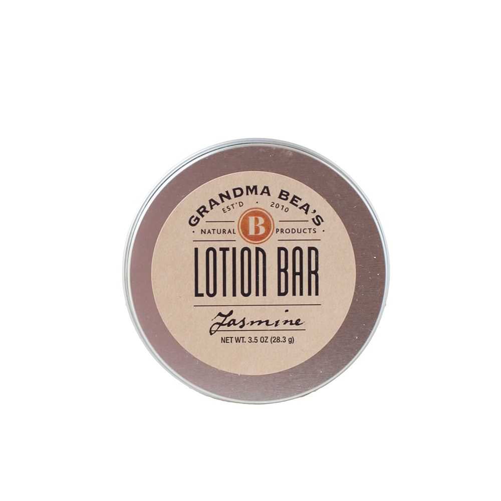 Round tin of handcrafted lotion bar labeled "Grandma Bea's" with jasmine scent, made in USA, featured in Health & Wellness, Balms, Creams and Lotions, Grooming and Personal Hygiene, USA Made, Best Sellers, and Promo Eligible collections.
