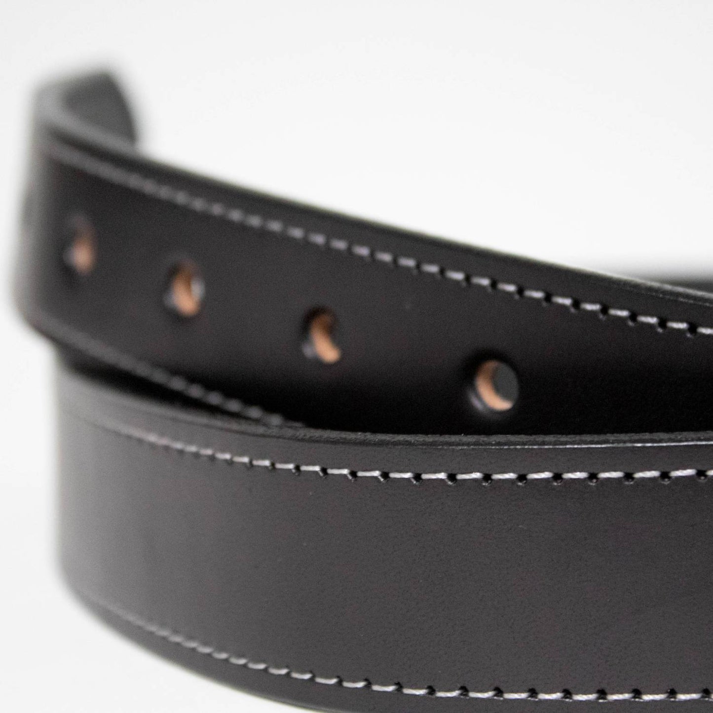 Handcrafted black genuine English bridle leather belt with neat white stitching and punched holes, Amish made in USA, featured in Clothing and Accessories, USA Made, Amish Made, Best Sellers, Promo Eligible collections.