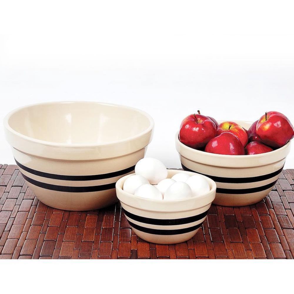 Set of three handcrafted USA-made stoneware shoulder bowls with black stripes, ideal for mixing, baking, serving, and storage in Kitchen & Food, Cookware, Baking Supplies, Dinnerware, and USA Made collections.