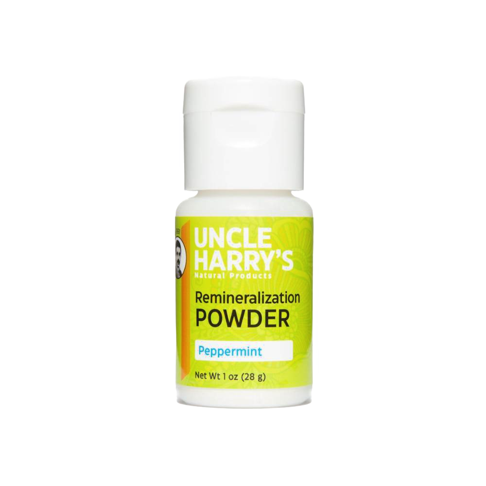 Handcrafted Uncle Harry's peppermint remineralization powder in a 1 oz container, promoting enamel health, featured in Health & Wellness, Grooming and Personal Hygiene, USA Made, Best Sellers, and Promo Eligible collections.